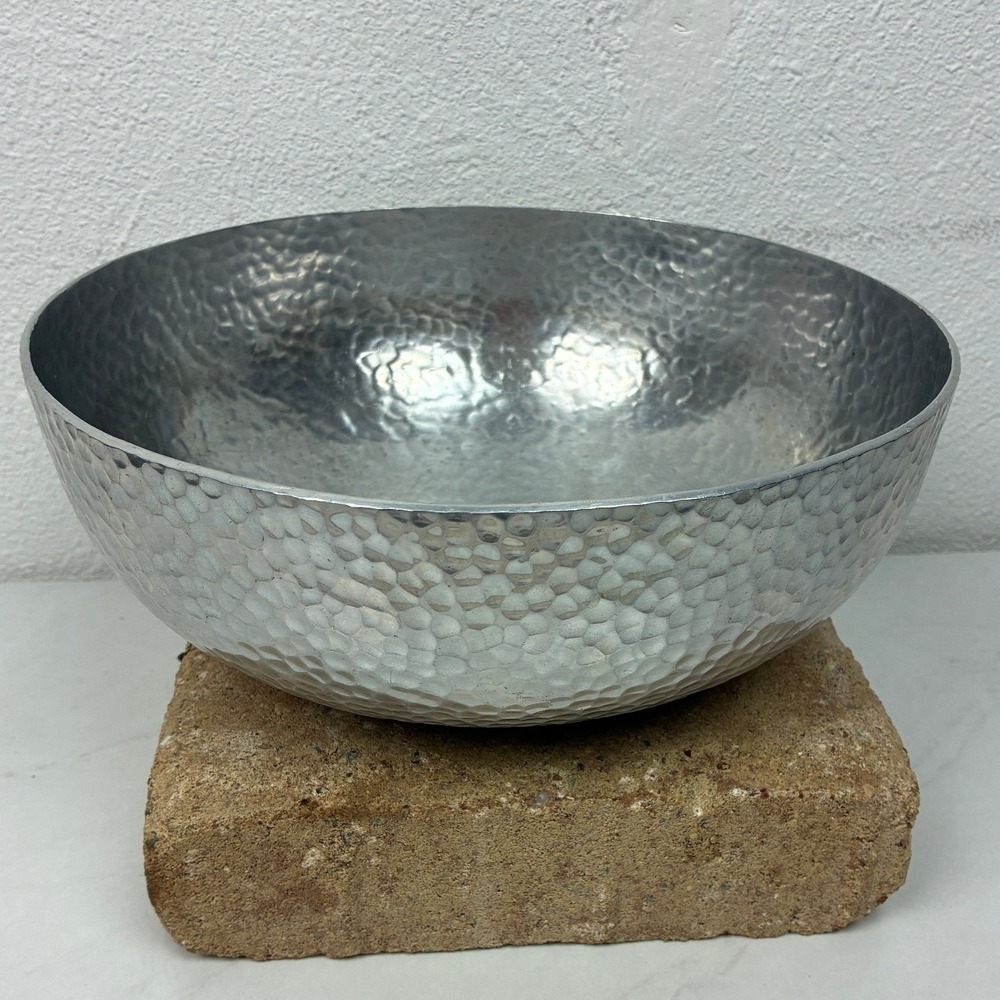 Silver Hammered Metal Bowl - 10.5" - Handcrafted Centerpiece Modern Decor